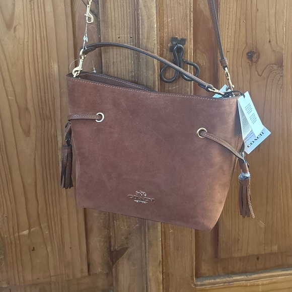 BROWN SUEDE COACH BAG. WITH SHORT AND LONG STRAP. NEVER USED WITH TAGS - Picture 2 of 5